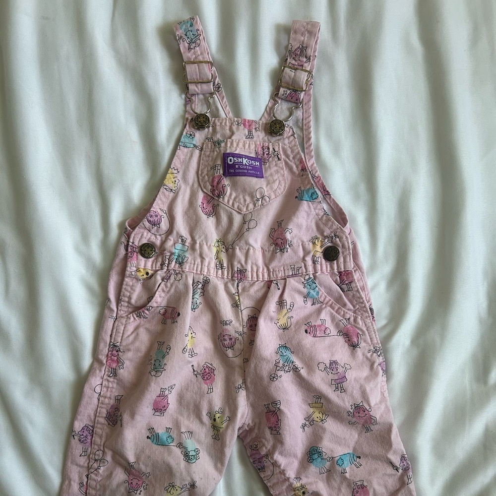 Vtg OshKosh B'gosh Light Pink Kids Overalls with Fun Print